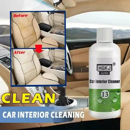 Car interior cleaning product with before and after comparison of beige leather seats.