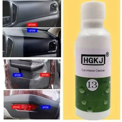 Car interior cleaner bottle with 'HGKJ' branding and before-and-after images of car interior cleaning.