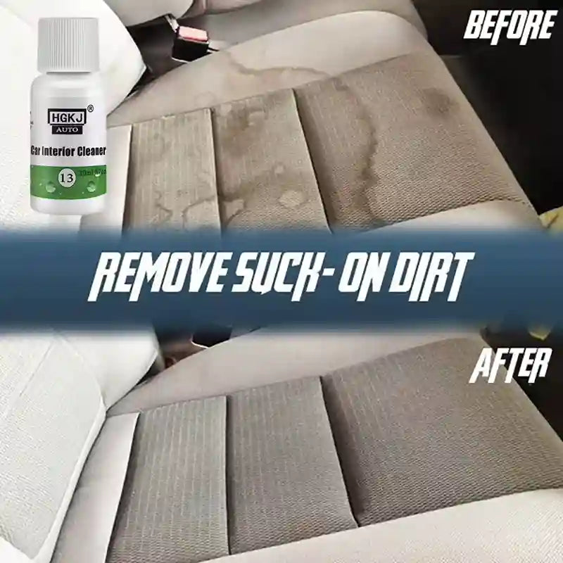 A car interior seat shown with a before-and-after comparison of dirt removal. The top half is labeled BEFORE and shows a heavily stained beige seat.