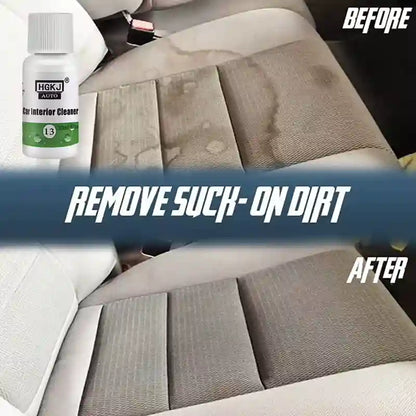 A car interior seat shown with a before-and-after comparison of dirt removal. The top half is labeled BEFORE and shows a heavily stained beige seat.