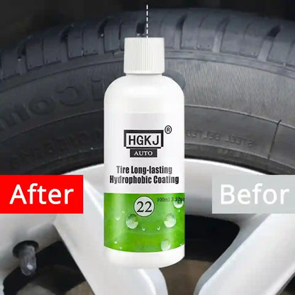 A bottle of HGKJ Auto Tire Long-lasting Hydrophobic Coating labeled '22' is centered over a car wheel, with a tire in the background. The image includes 'After' and 'Before' text overlays to demonstrate the coating effect.