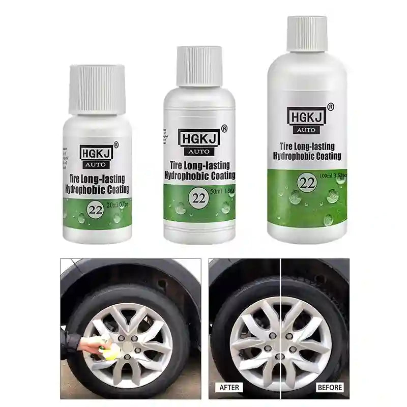 Three bottles of HGKJ Auto Tire Long-lasting Hydrophobic Coating shown in 110ml, 220ml, and 1000ml sizes, with before-and-after split-screen photos demonstrating water repellency on car wheels.