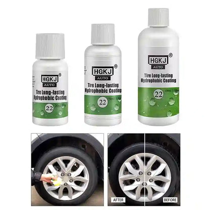 Three bottles of HGKJ Auto Tire Long-lasting Hydrophobic Coating shown in 110ml, 220ml, and 1000ml sizes, with before-and-after split-screen photos demonstrating water repellency on car wheels.