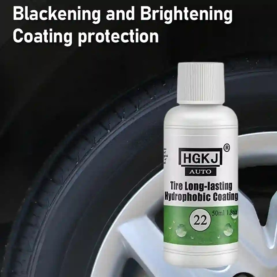A bottle of HGKJ Auto Tire Long-lasting Hydrophobic Coating shown in front of a car tire and wheel, with text reading 'Blackening and Brightening Coating protection'.