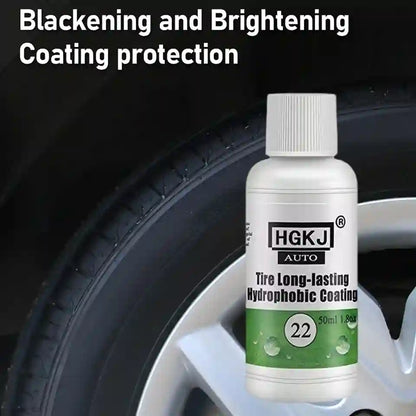 A bottle of HGKJ Auto Tire Long-lasting Hydrophobic Coating shown in front of a car tire and wheel, with text reading 'Blackening and Brightening Coating protection'.