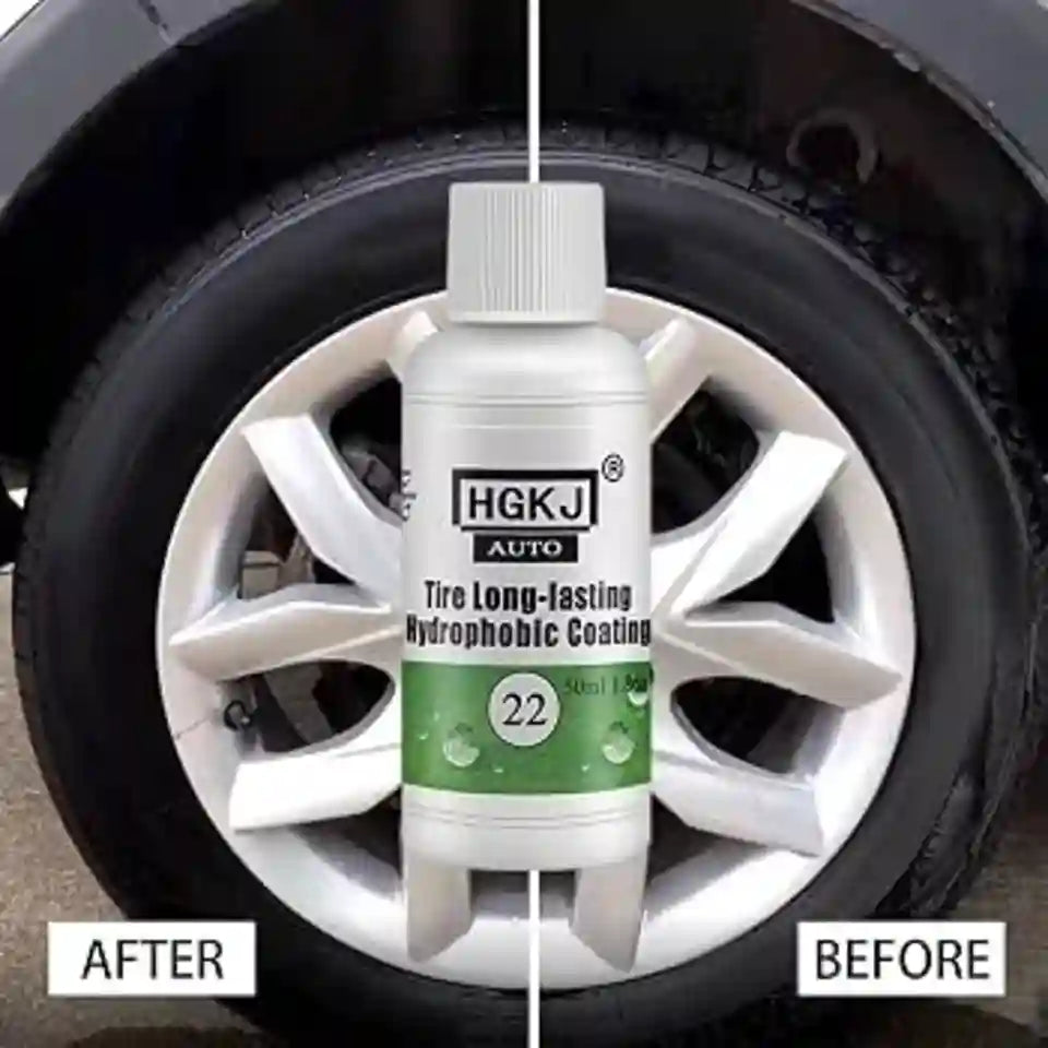 A bottle of HGKJ Auto Tire Long-lasting Hydrophobic Coating is shown centered over a car wheel, with a before-and-after comparison labeled 'AFTER' and 'BEFORE'.
