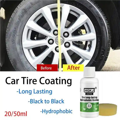 Car tire coating product advertisement showing a close-up of a car wheel with a before/after comparison, plus a bottle labeled HGKJ AUTO and a small yellow circular pad on a white background with text describing long-lasting black-to-black hydrophobic coating.