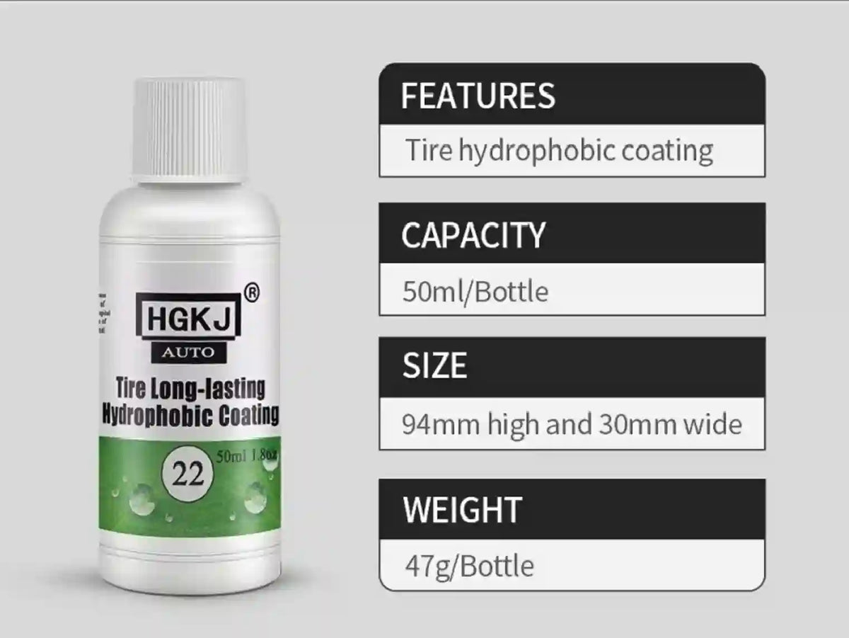 Bottle of tire hydrophobic coating with product details on a gray background