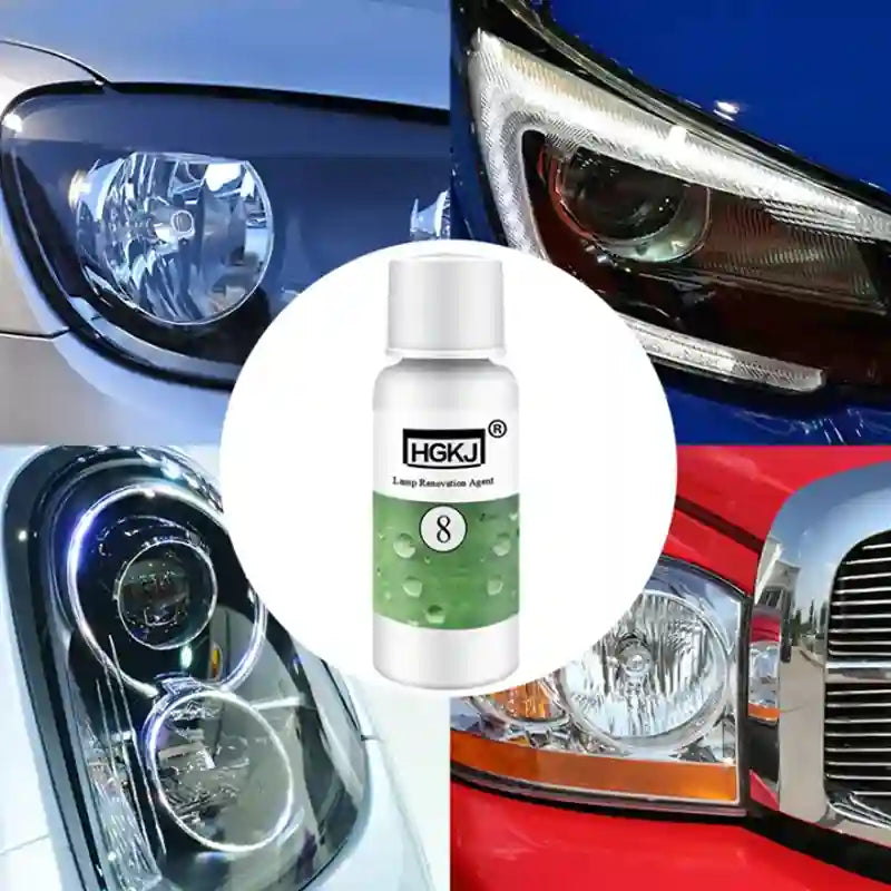 Car headlight with a bottle labeled HGKJ in front of it