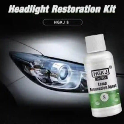 Headlight Restoration Kit HGKJ 8 Lamp Restoration Agent bottle shown next to a car headlight with light turned on, on a dark background.