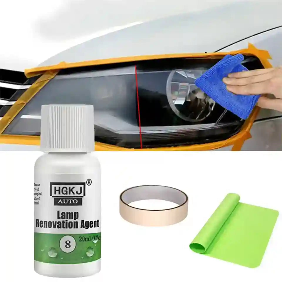 A bottle of HGKJ Auto Lamp Renovation Agent shown with a car headlight demonstration photo above, alongside a beige tape roll and a green microfiber cloth on a white background.