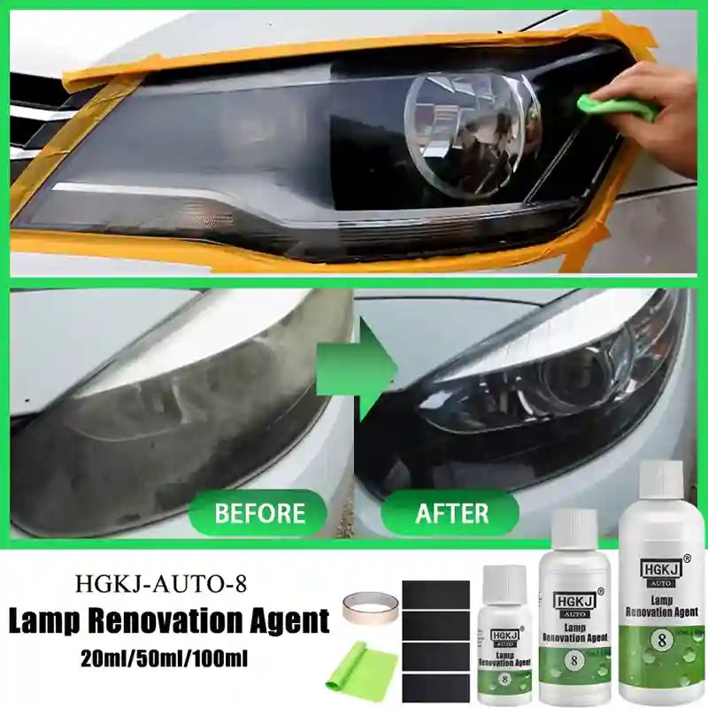 Car headlight renovation process using HGKJ-AUTO-8 Lamp Renovation Agent with 'Before' and 'After' comparison.