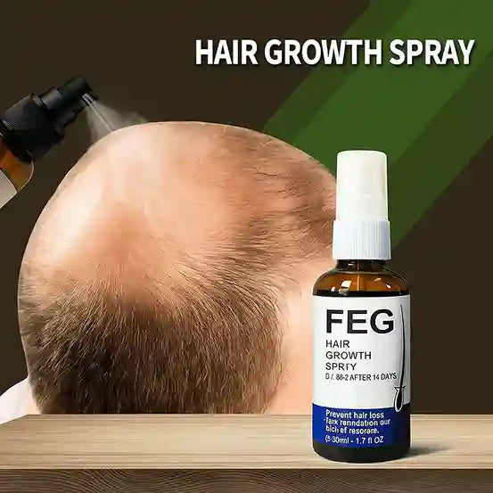 FEG hair growth spray bottle with a person using it on their head against a green and brown gradient background.