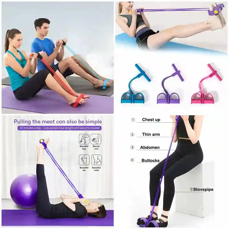 Collage of people using resistance bands for exercise with close-ups of the bands.