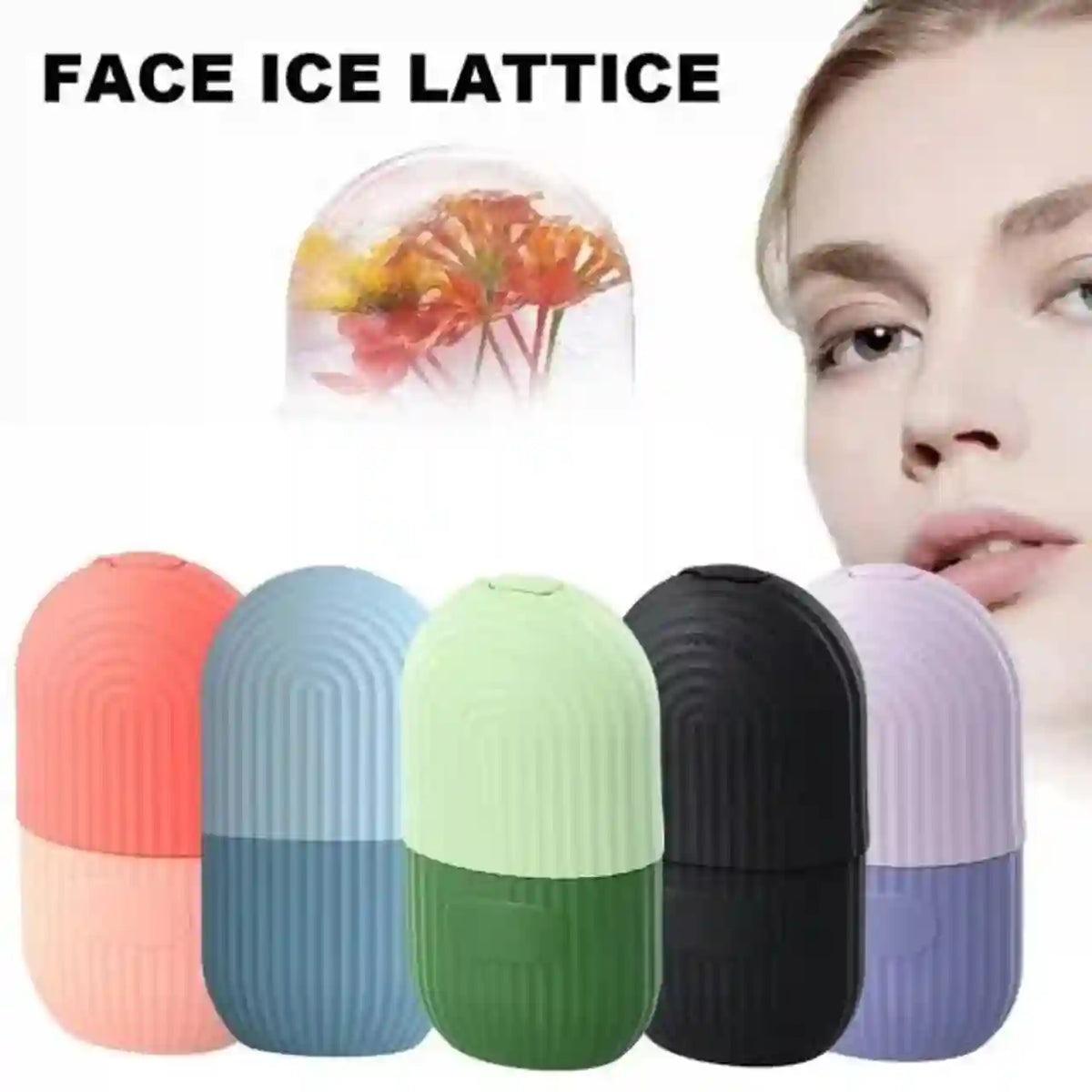 Five small capsule-shaped face ice packs in pastel and neutral colors are shown on a white background, with the text 'FACE ICE LATTICE' at the top and a close-up of a woman's face on the right. An inset shows a flower preserved inside one ice pack.