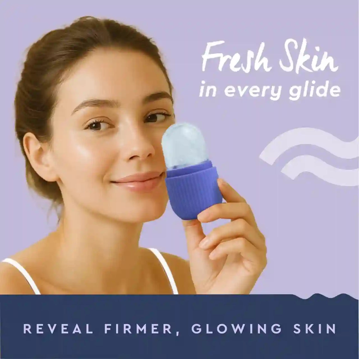 Woman holding a purple skin care device with text about fresh skin and firming.