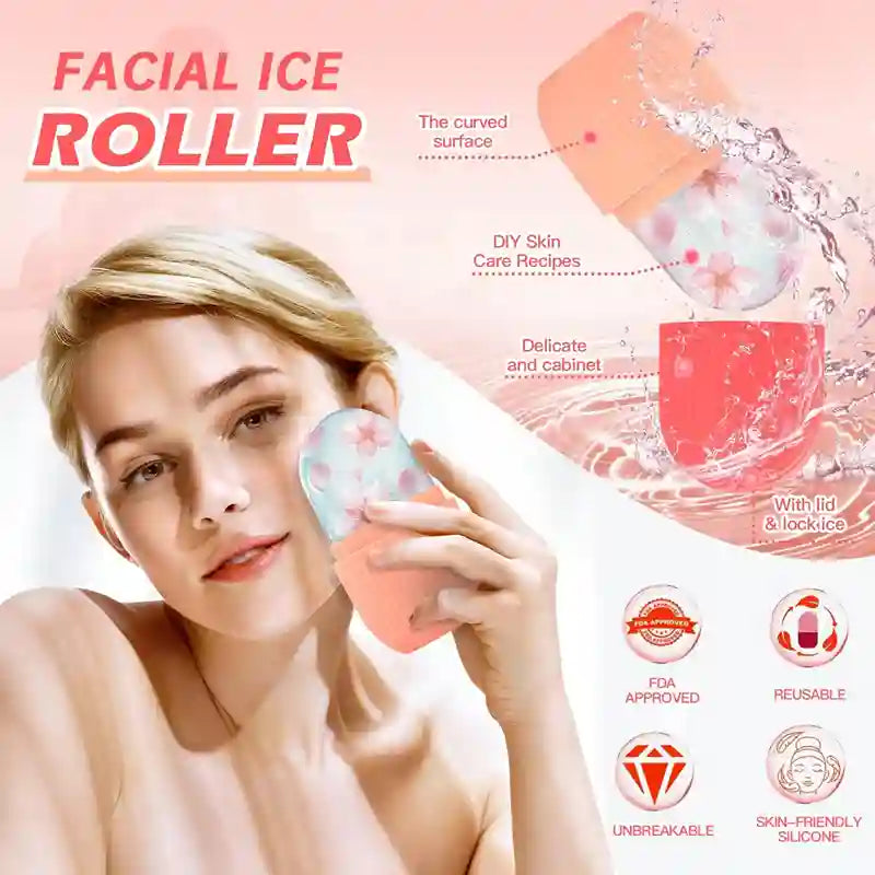 Facial ice roller with woman using it and product details on a pink background