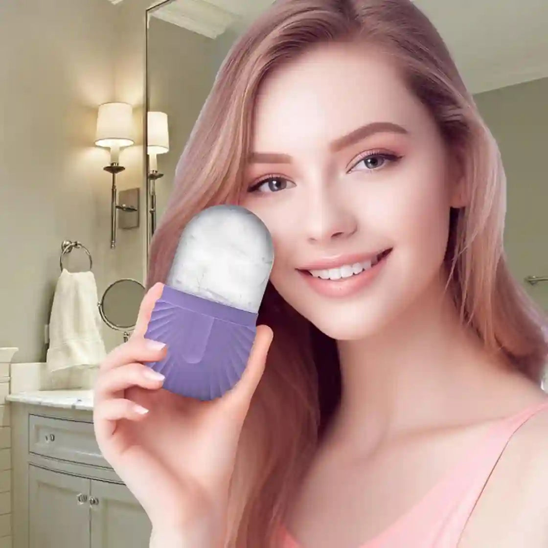Woman holding a purple and white device in a bathroom setting