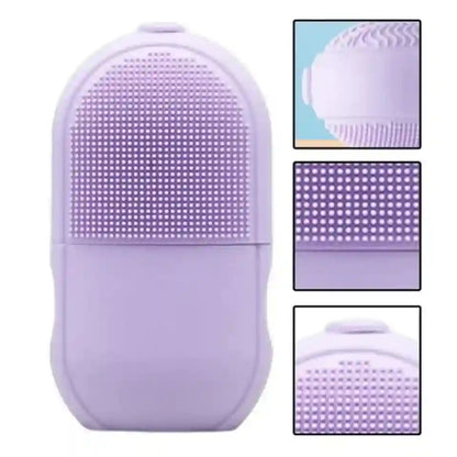 Purple silicone scrubber with textured surface on a white background