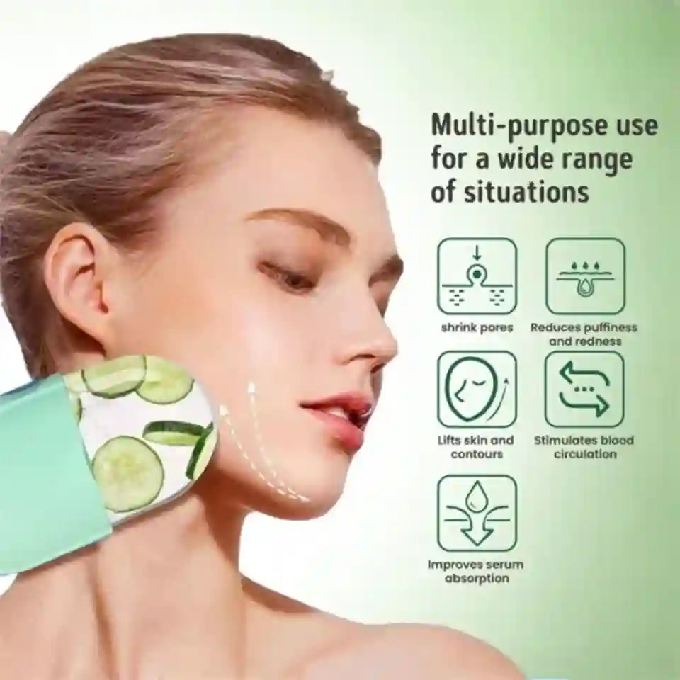 Woman using a green skincare tool with cucumber slices, text highlighting product benefits on a light green background.