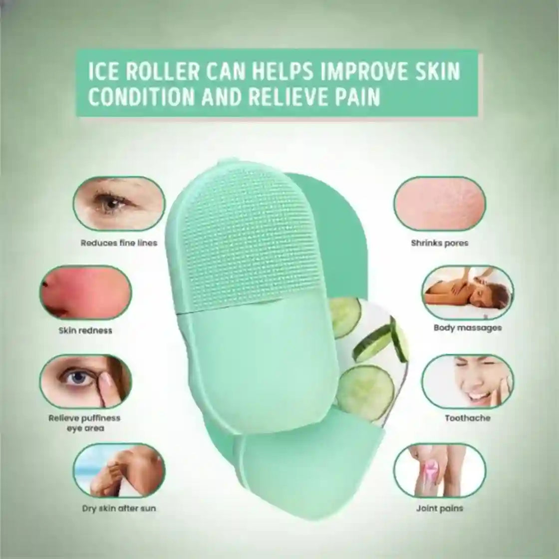 A mint green silicone ice roller massage tool shown on a pale green background with promotional text and circular inset photos demonstrating skin and body benefits.