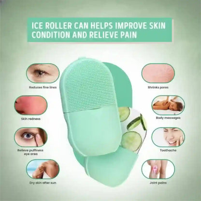A mint green silicone ice roller massage tool shown on a pale green background with promotional text and circular inset photos demonstrating skin and body benefits.