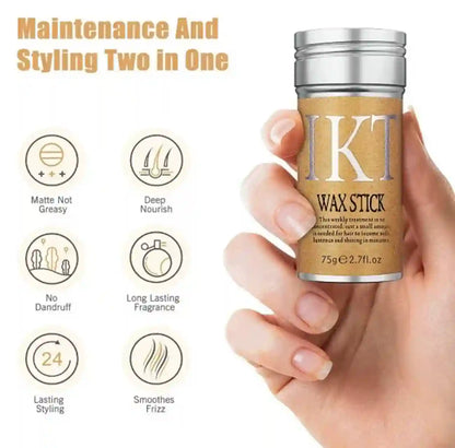 A hand holding a jar of IKT Wax Stick against a white background, with marketing text and six feature icons on the left. The product is a beige wax stick in a clear jar with a silver cap, labeled 'IKT WAX STICK'.