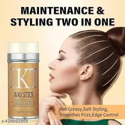 An advertisement for an IKT Wax Stick showing a woman with styled hair on the right and the wax stick container on the left, with text reading 'MAINTENANCE & STYLING TWO IN ONE'.