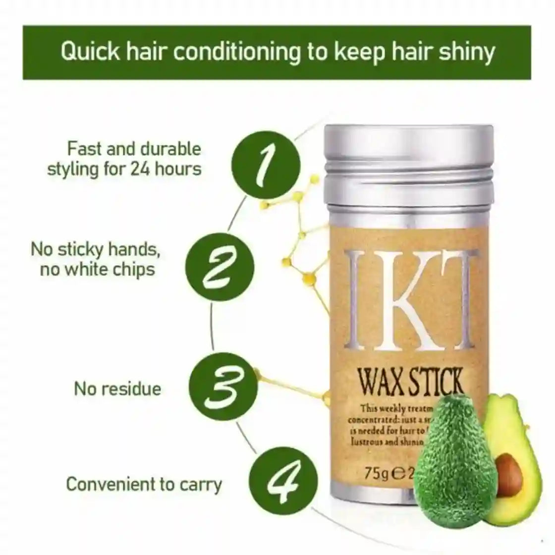 IKT wax stick with avocado illustration and text highlighting features on a white background