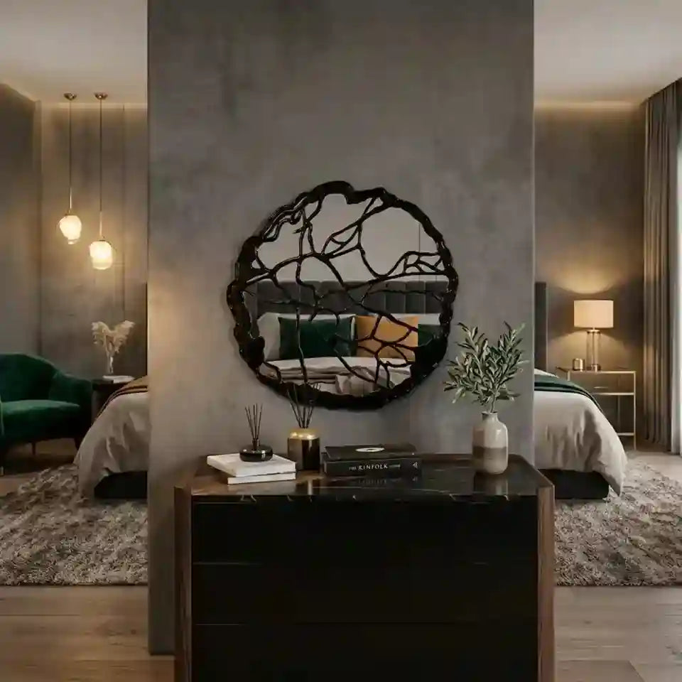 A round black metal wall mirror with an organic, branch-like silhouette hangs on a textured gray wall in a modern bedroom setting. The reflection shows a bed with green and orange accent pillows.