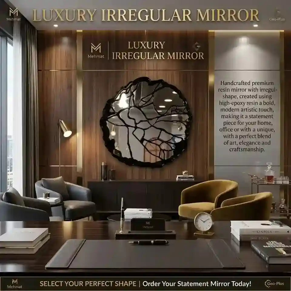 Luxury irregular wall mirror displayed in a modern office lobby setting with wood paneling, armchairs, and a desk. The product is a bold, organic-shaped resin mirror with a black cracked-epoxy design.