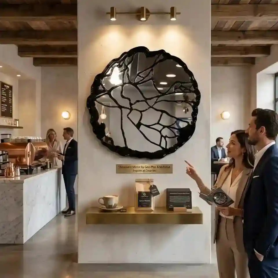 A large organic-shaped black-framed mirror with a cracked-glass pattern hangs on a white wall in a modern coffee shop. A small gold plaque below reads 'Montana's Moxie by Gari Pitt & Natural Sources of Coffee.