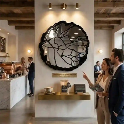 A large organic-shaped black-framed mirror with a cracked-glass pattern hangs on a white wall in a modern coffee shop. A small gold plaque below reads 'Montana's Moxie by Gari Pitt & Natural Sources of Coffee.