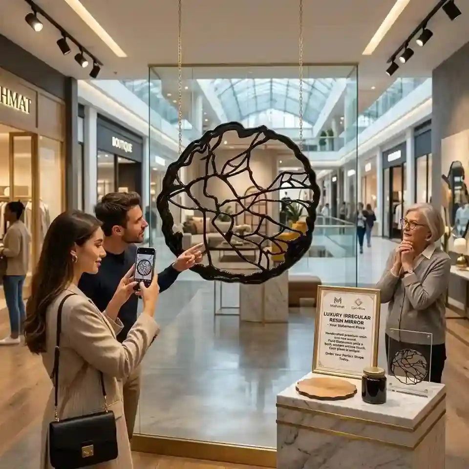 A luxury spherical black metal art piece hangs in a glass-walled atrium of a modern shopping mall, with shoppers taking photos and an elderly woman standing nearby at a marble display counter.