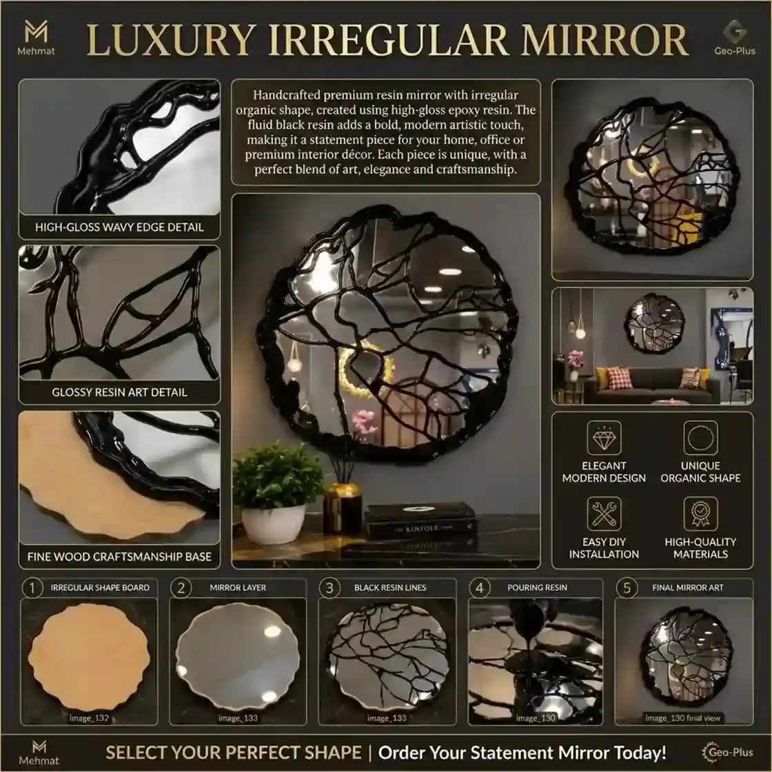 A promotional collage for an irregular mirror product, showing the finished mirror, close-up material details, step-by-step manufacturing process, sample shapes, and interior decor applications. The layout includes text callouts and before/after style usage examples on a dark background.
