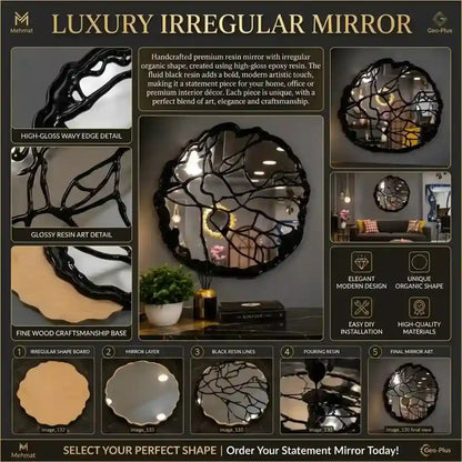 A promotional collage for an irregular mirror product, showing the finished mirror, close-up material details, step-by-step manufacturing process, sample shapes, and interior decor applications. The layout includes text callouts and before/after style usage examples on a dark background.
