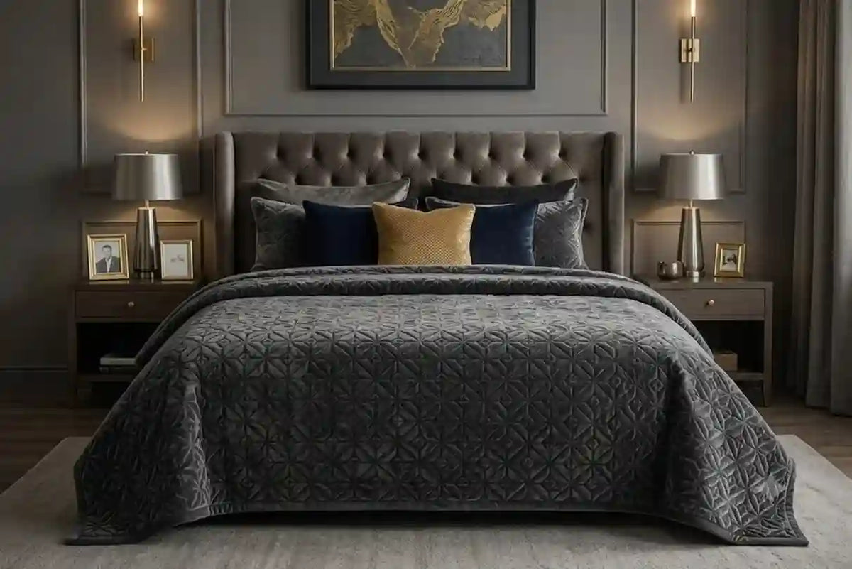 A styled bedroom scene featuring a bed dressed in a dark gray quilted comforter, navy blue pillows, and a mustard yellow accent pillow, set against a dark gray tufted headboard and matching nightstands with lamps.