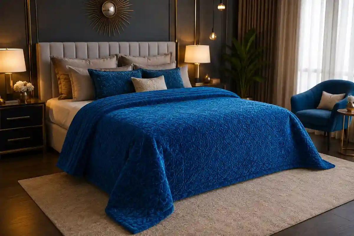 A plush royal blue textured blanket or throw draped over a bed in a modern bedroom setting, styled with matching blue and beige pillows, a tufted headboard, bedside tables with lit lamps, and a blue armchair.