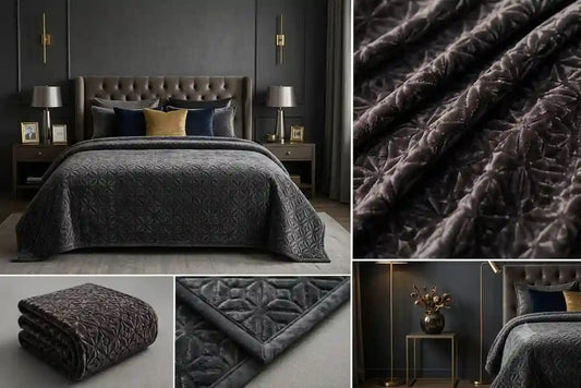 A dark charcoal gray quilted bedding set shown in a styled bedroom setting, with close-up views of the textured fabric and a folded view of the comforter.