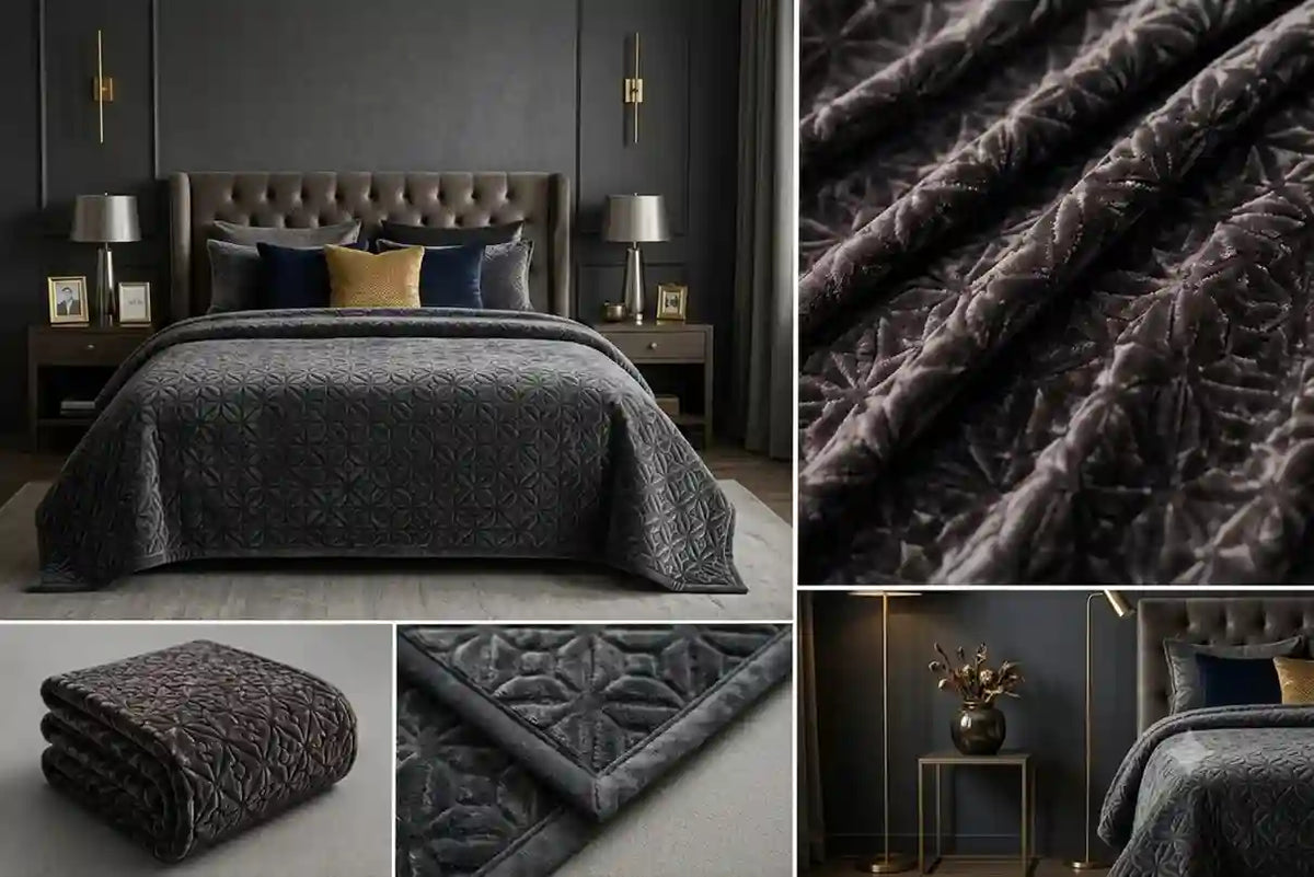 A dark charcoal gray quilted bedding set shown in a styled bedroom setting, with close-up views of the textured fabric and a folded view of the comforter.