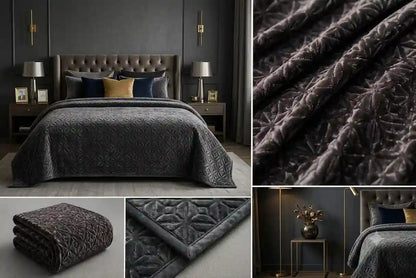A dark charcoal gray quilted bedding set shown in a styled bedroom setting, with close-up views of the textured fabric and a folded view of the comforter.