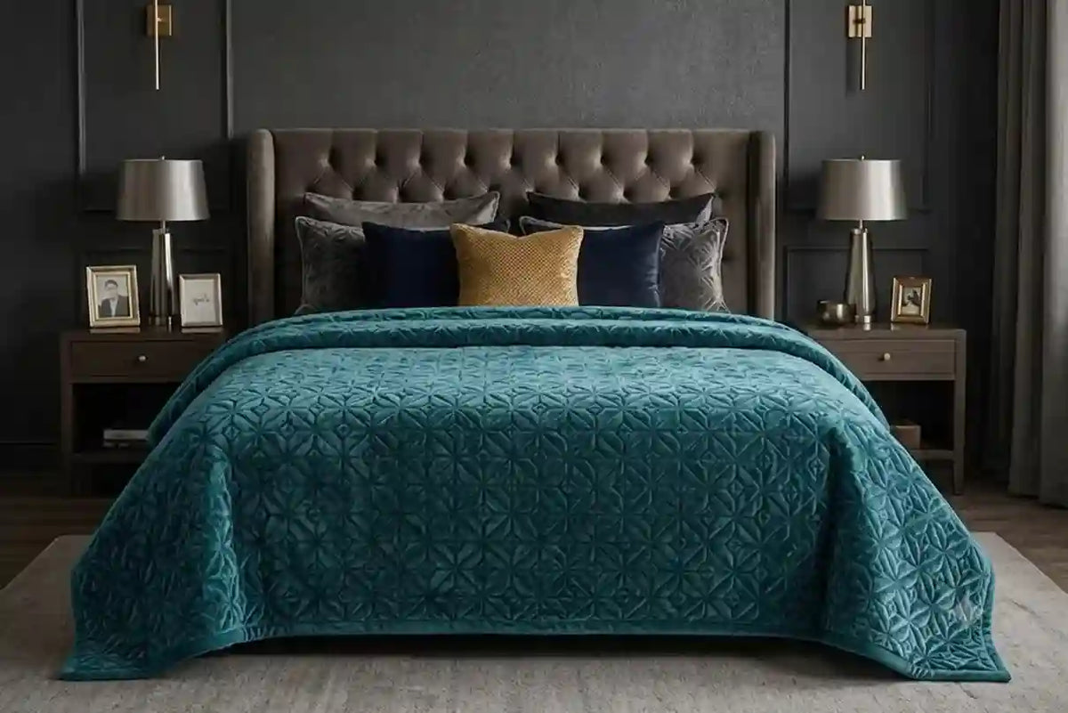 A teal textured quilted comforter set on a bed with a tufted headboard, styled with navy, gold, and gray pillows in a dark gray bedroom.
