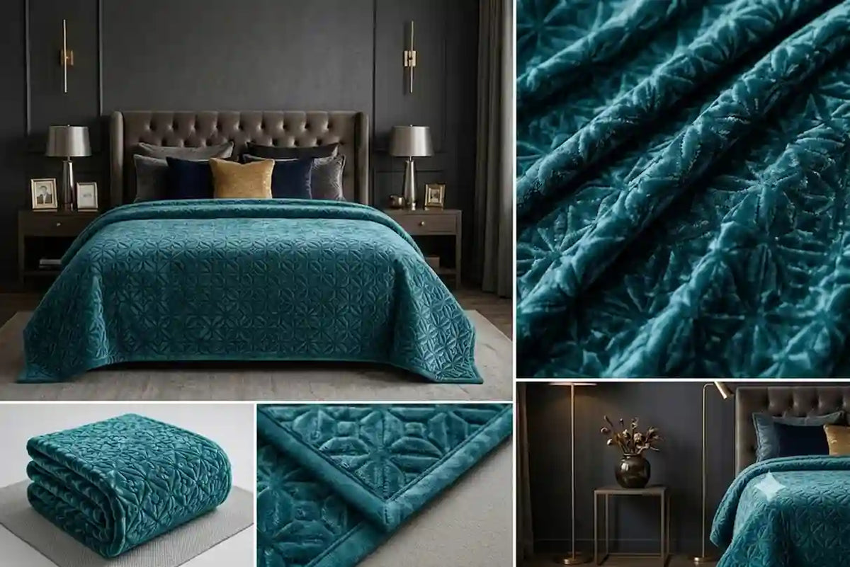 A teal quilted bedding set shown in a styled bedroom scene, with close-up panels of the fabric texture and a folded view of the comforter. The product appears to be a quilted comforter or bedspread with a matching pillow shams.