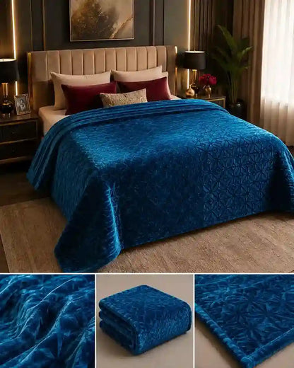 A plush royal blue textured blanket is draped over a bed in a modern bedroom setting, with three detail inset images at the bottom showing close-ups of the fabric texture, a folded view, and an angle of the blanket's corner.