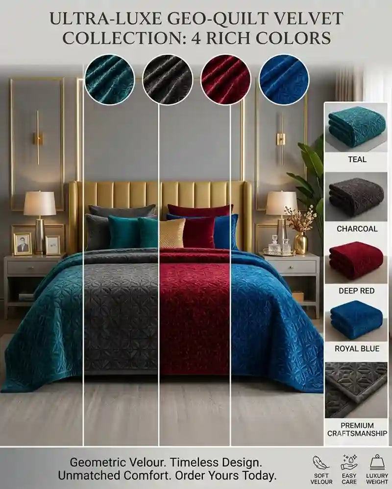 A promotional graphic for an ultra-luxe geometric quilt velvet collection, showing a bed with teal, gray, red, and blue quilted bedding in a styled bedroom. The image includes circular color swatches at the top, a vertical color selection guide on the right, and feature text at the bottom.