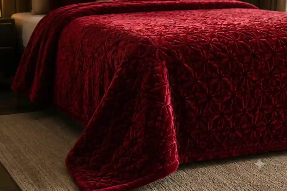 A deep red textured quilted blanket draped over a bed in a bedroom setting, resting on a neutral-toned rug.