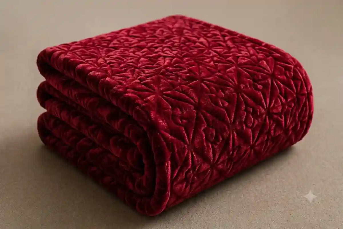 A folded deep red velvet throw blanket with an embossed geometric star pattern, set against a neutral beige background.