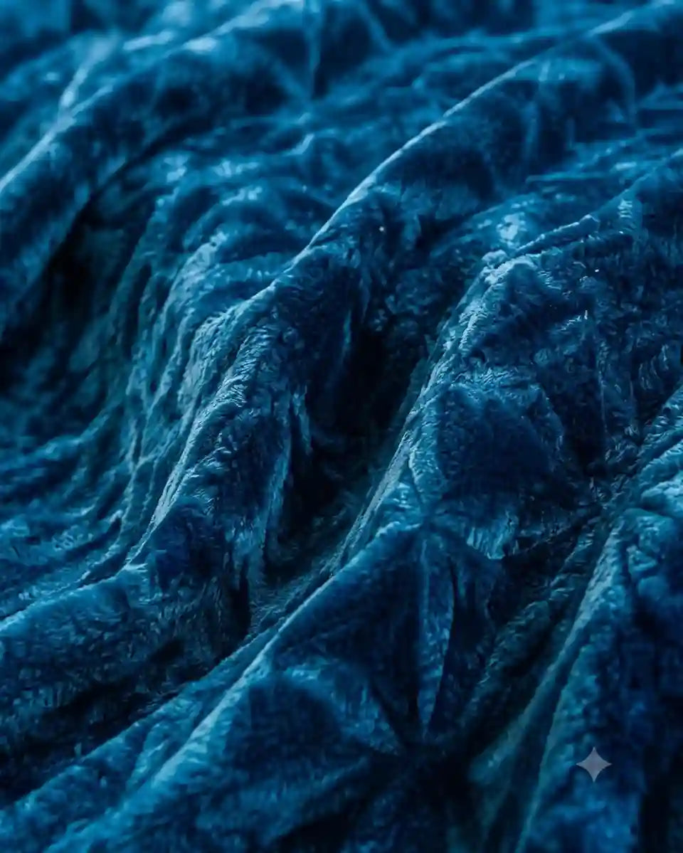 A close-up of draped dark blue velvet fabric with soft folds and a subtle sheen.