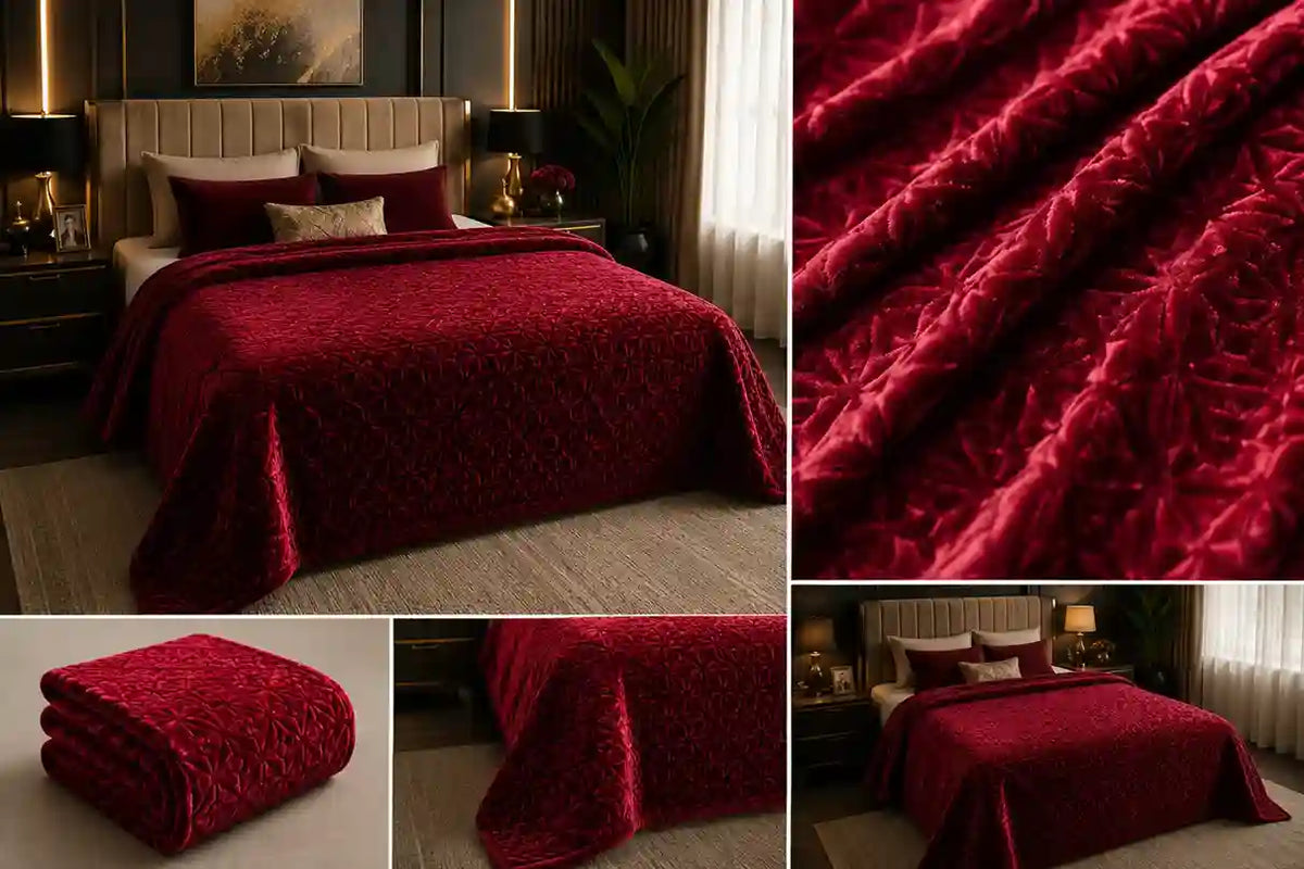 A collage showing a deep burgundy red textured quilted blanket or comforter, displayed on a bed in a modern bedroom, folded neatly, and shown in a close-up fabric detail view.