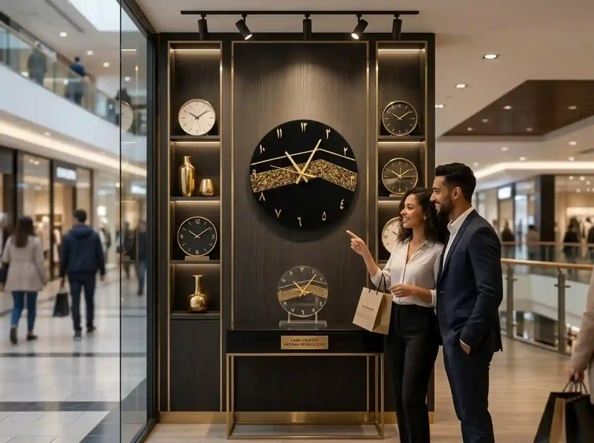 A man and a woman stand in a modern shopping mall next to a large decorative wall clock display. The central product is a black round wall clock with gold hands and a gold glittery horizontal accent band, flanked by smaller matching clocks on a dark wood panel.